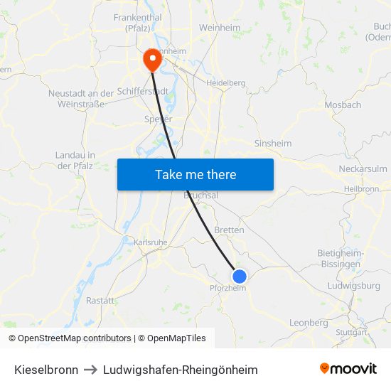 Kieselbronn to Ludwigshafen-Rheingönheim map