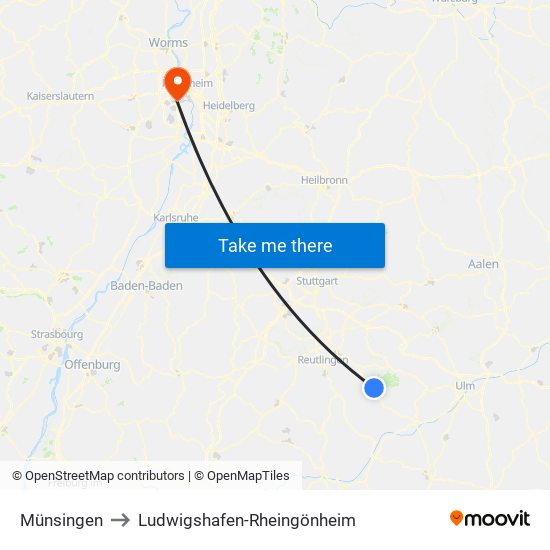 Münsingen to Ludwigshafen-Rheingönheim map