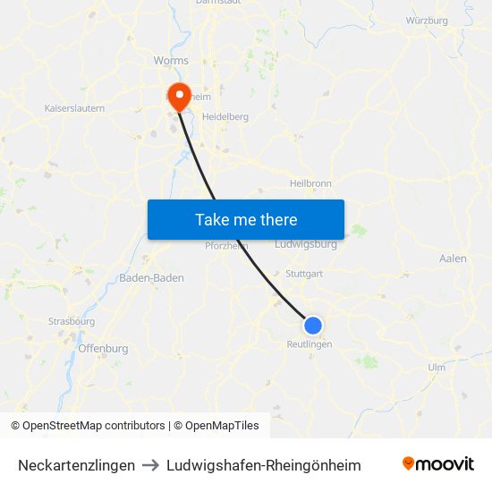 Neckartenzlingen to Ludwigshafen-Rheingönheim map