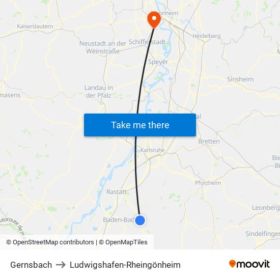 Gernsbach to Ludwigshafen-Rheingönheim map