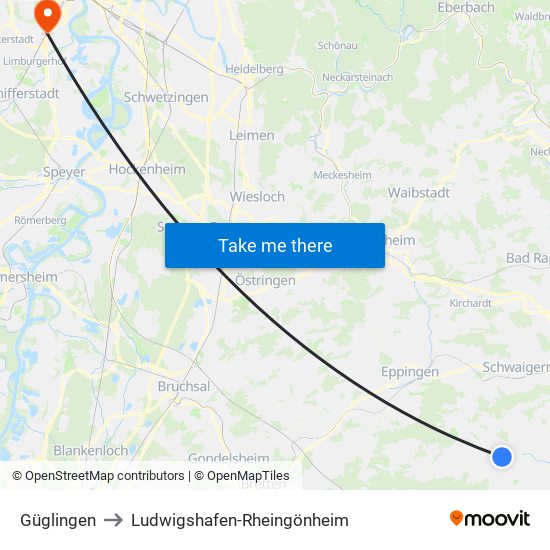 Güglingen to Ludwigshafen-Rheingönheim map