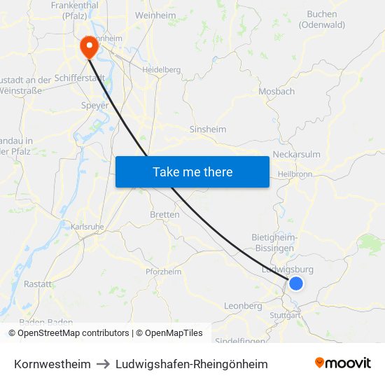 Kornwestheim to Ludwigshafen-Rheingönheim map