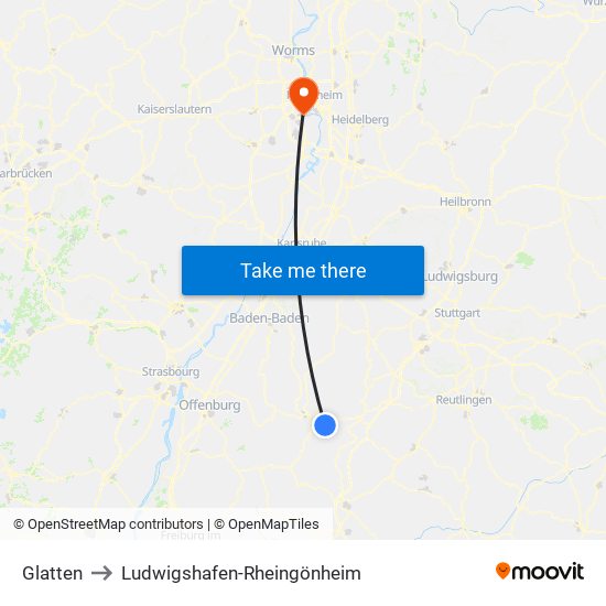 Glatten to Ludwigshafen-Rheingönheim map