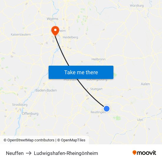 Neuffen to Ludwigshafen-Rheingönheim map