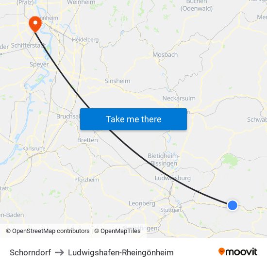 Schorndorf to Ludwigshafen-Rheingönheim map