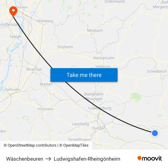 Wäschenbeuren to Ludwigshafen-Rheingönheim map