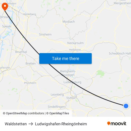 Waldstetten to Ludwigshafen-Rheingönheim map