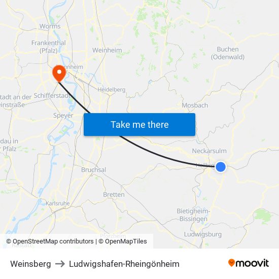 Weinsberg to Ludwigshafen-Rheingönheim map