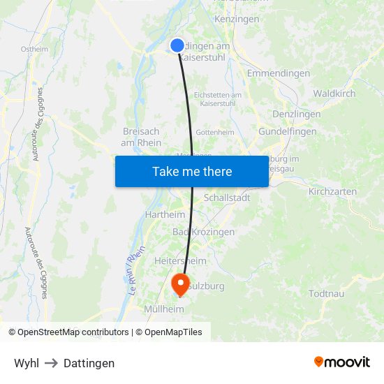 Wyhl to Dattingen map