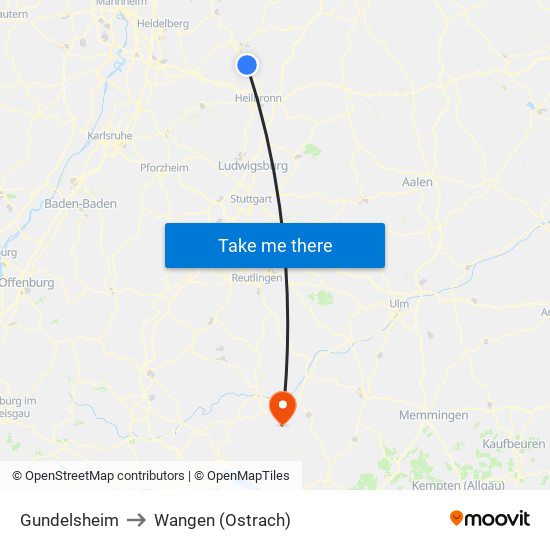 Gundelsheim to Wangen (Ostrach) map
