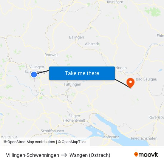 Villingen-Schwenningen to Wangen (Ostrach) map