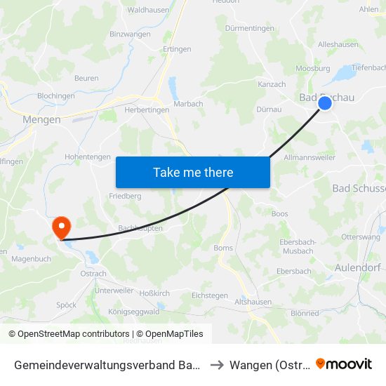 Gemeindeverwaltungsverband Bad Buchau to Wangen (Ostrach) map