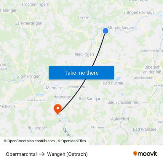 Obermarchtal to Wangen (Ostrach) map