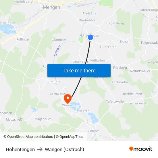 Hohentengen to Wangen (Ostrach) map