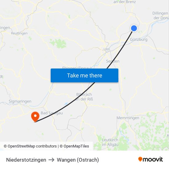 Niederstotzingen to Wangen (Ostrach) map