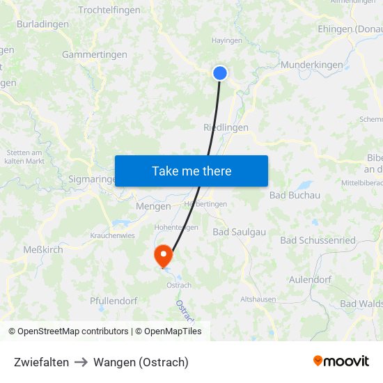 Zwiefalten to Wangen (Ostrach) map