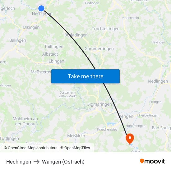 Hechingen to Wangen (Ostrach) map