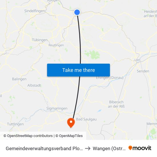 Gemeindeverwaltungsverband Plochingen to Wangen (Ostrach) map