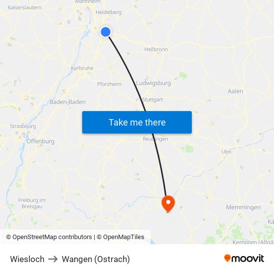 Wiesloch to Wangen (Ostrach) map