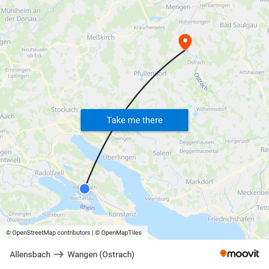 Allensbach to Wangen (Ostrach) map