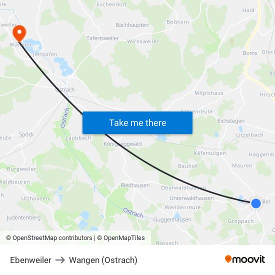 Ebenweiler to Wangen (Ostrach) map