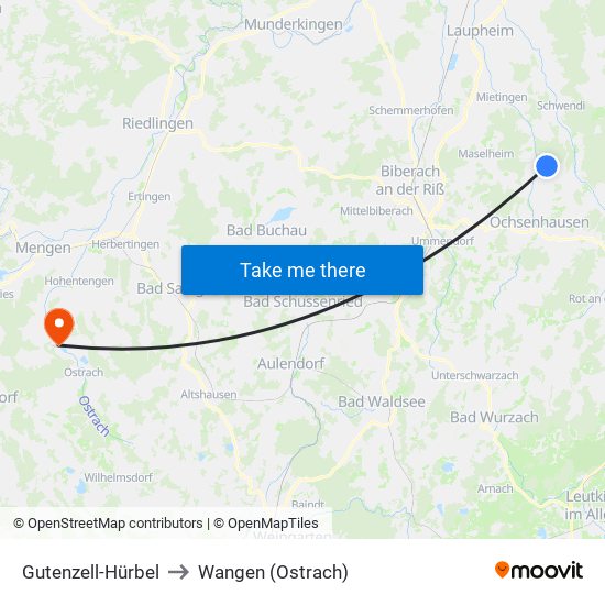 Gutenzell-Hürbel to Wangen (Ostrach) map