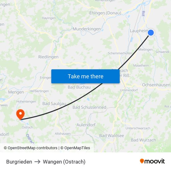 Burgrieden to Wangen (Ostrach) map