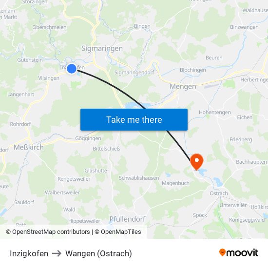 Inzigkofen to Wangen (Ostrach) map