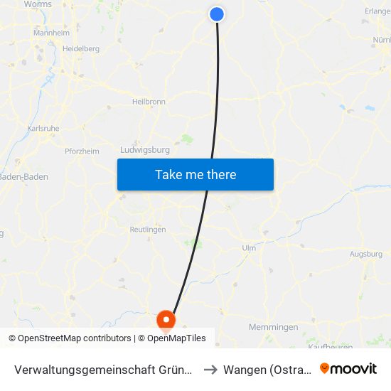 Verwaltungsgemeinschaft Grünsfeld to Wangen (Ostrach) map