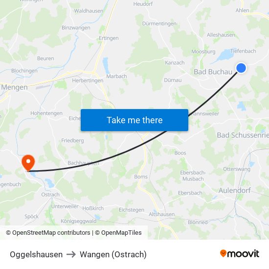 Oggelshausen to Wangen (Ostrach) map