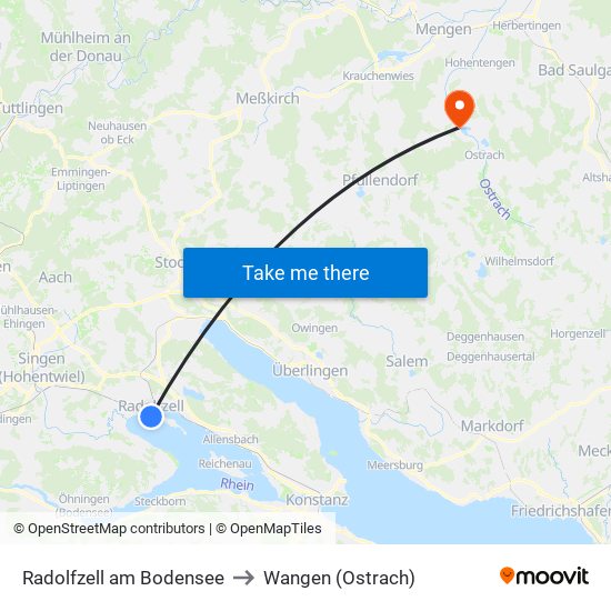 Radolfzell am Bodensee to Wangen (Ostrach) map