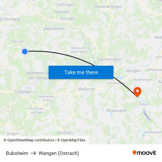 Bubsheim to Wangen (Ostrach) map