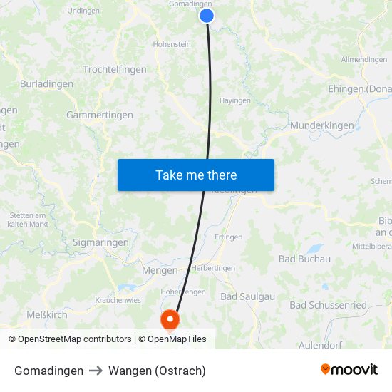 Gomadingen to Wangen (Ostrach) map