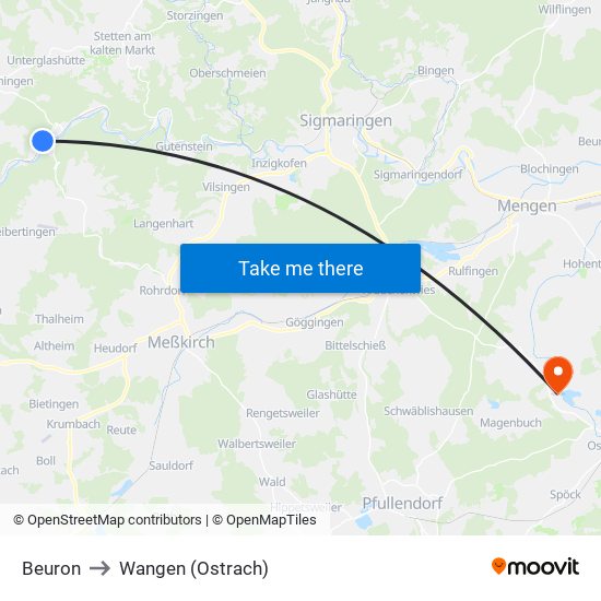 Beuron to Wangen (Ostrach) map