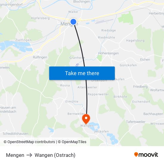 Mengen to Wangen (Ostrach) map
