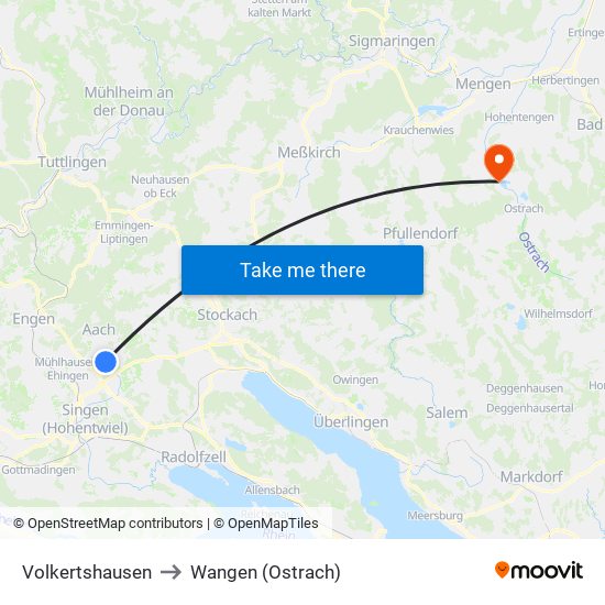 Volkertshausen to Wangen (Ostrach) map