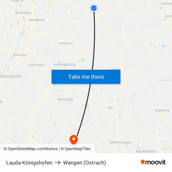 Lauda-Königshofen to Wangen (Ostrach) map