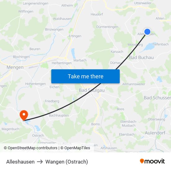 Alleshausen to Wangen (Ostrach) map