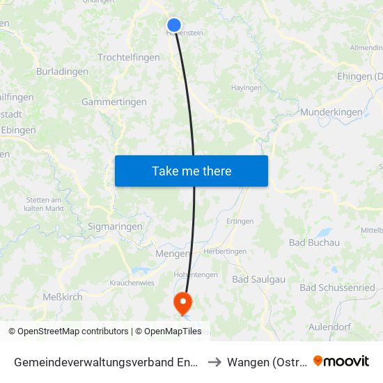 Gemeindeverwaltungsverband Engstingen to Wangen (Ostrach) map