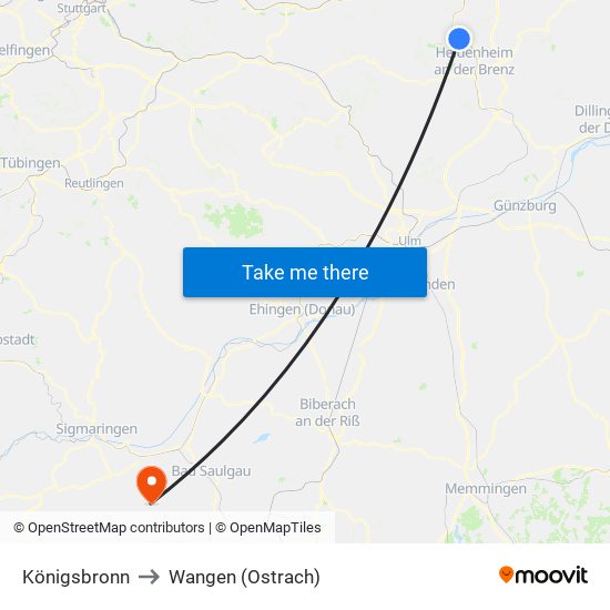 Königsbronn to Wangen (Ostrach) map