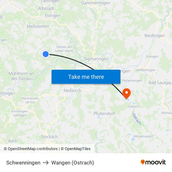 Schwenningen to Wangen (Ostrach) map