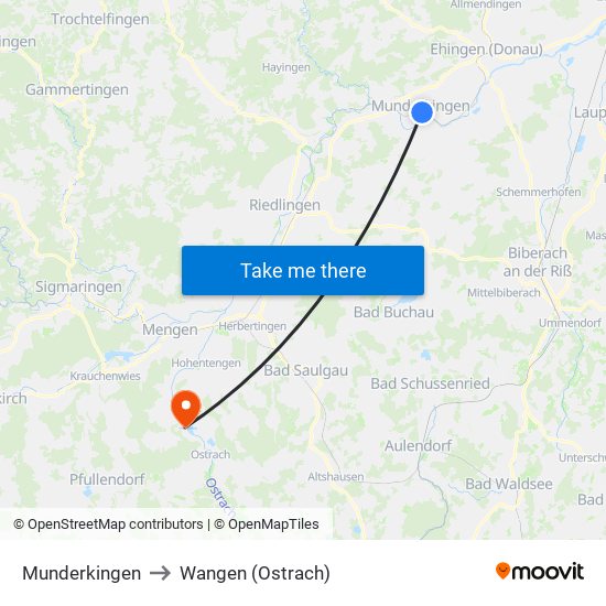 Munderkingen to Wangen (Ostrach) map