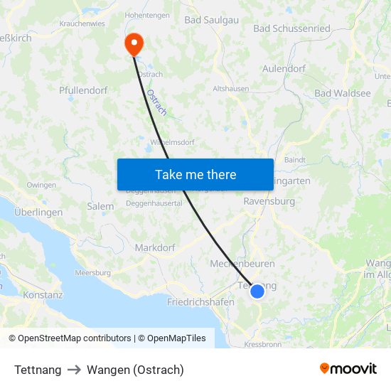 Tettnang to Wangen (Ostrach) map