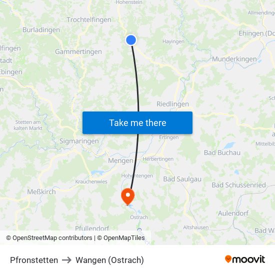 Pfronstetten to Wangen (Ostrach) map