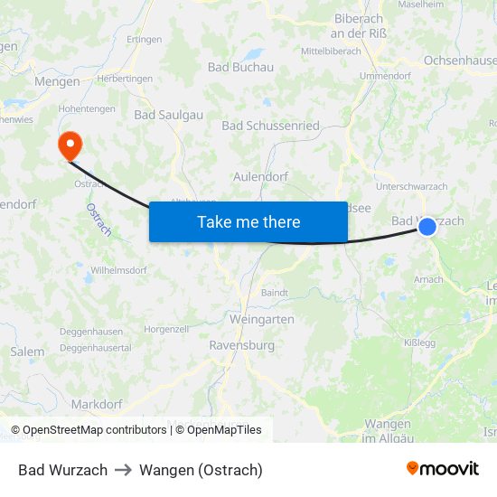 Bad Wurzach to Wangen (Ostrach) map