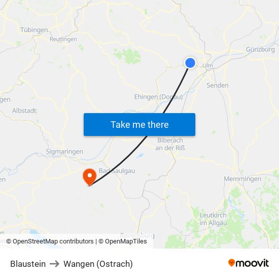 Blaustein to Wangen (Ostrach) map