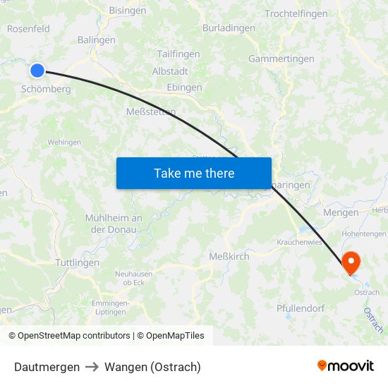 Dautmergen to Wangen (Ostrach) map