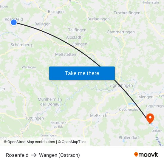 Rosenfeld to Wangen (Ostrach) map