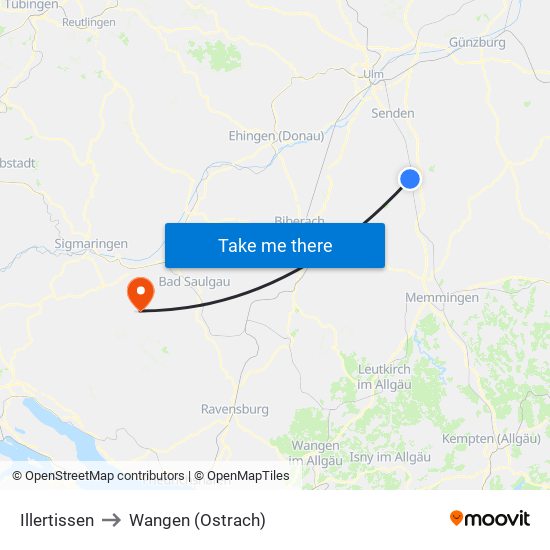 Illertissen to Wangen (Ostrach) map