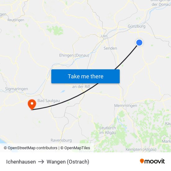 Ichenhausen to Wangen (Ostrach) map